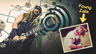 Zakk Wylde with a Gibson Les Paul Bullseye Custom electric guitar at the Colston Hall, Bristol, February 23, 2011, plus an inset picture of him as a kid with his SG.