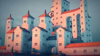 Best browser games - Townscaper - A series of white stone towers with red roofs all interconnected on a greyish sky background at sunset.