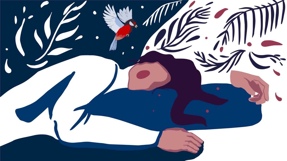 How to sleep for longer at night: An illustration of a woman asleep on a deep blue pillow