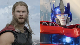 Still of Chris Hemsworth as Thor alongside Optimus Prime from Transformers One.