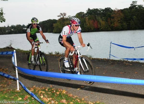 Jeremy Powers (Rapha Focus) leading Trebon along the lake with a little over one lap to go