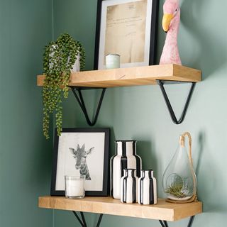 green bathroom with wooden wall shelves