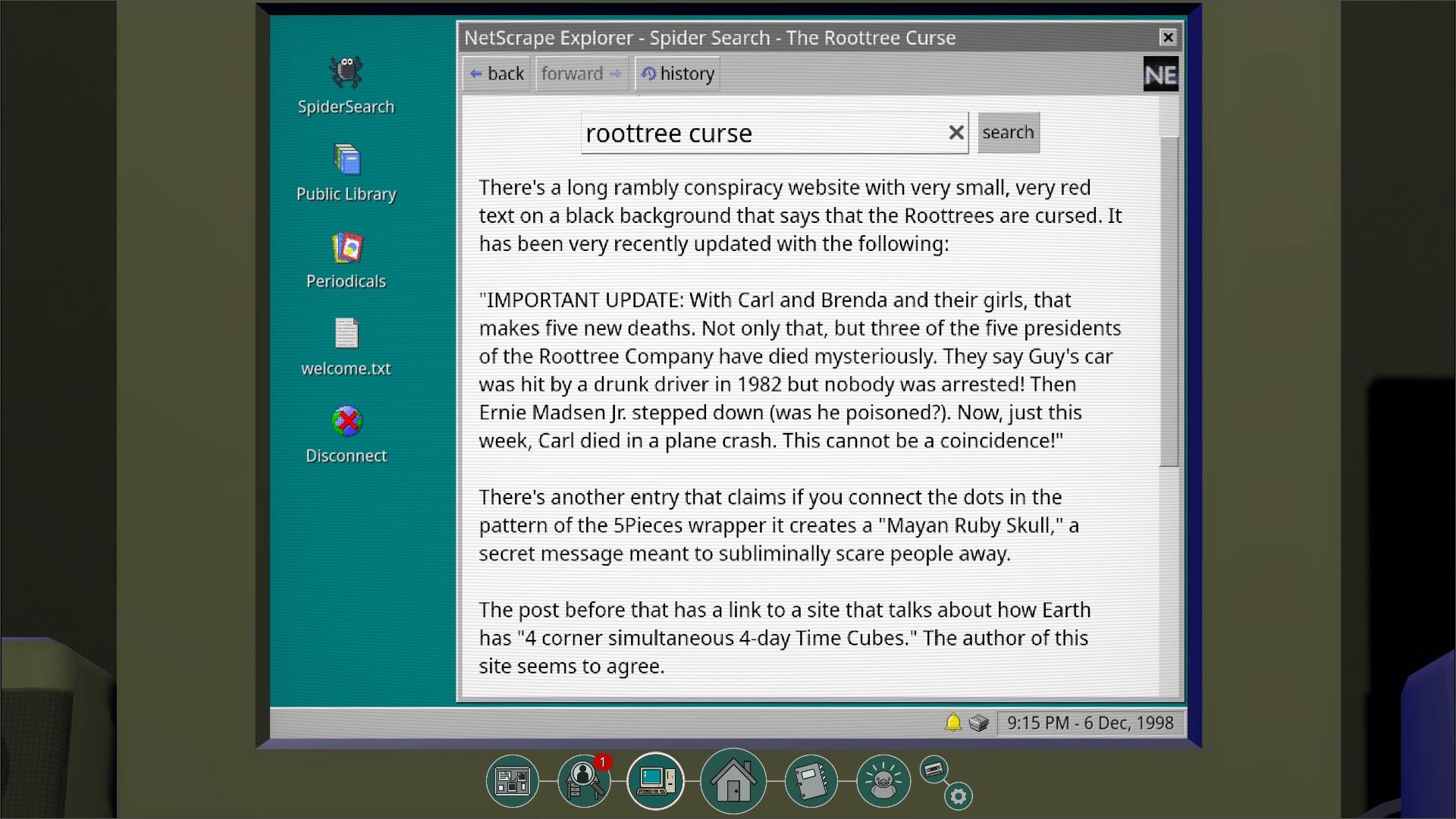 Zoom in of Roottrees are Dead's computer interface, showing a retro Windows-esque OS with a story about one of the family members pulled up in a web browser.