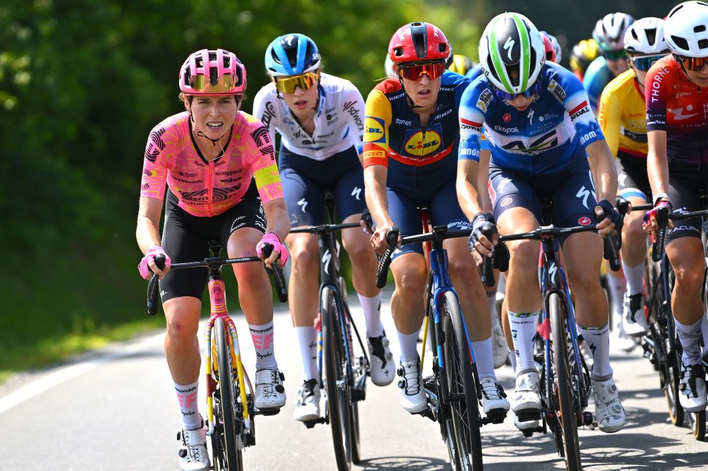 MUHLHAUSEN GERMANY JUNE 28 LR Natalie Quinn of The United States and Team EF EducationCannondale Mischa Bredewold of The Netherlands and Team SD WorxProtime and Lucinda Brand of The Netherlands and Team LidlTrek compete in the breakaway during the 36th Internationale LOTTO Thringen Ladies Tour 2024 Stage 4 a 1114km stage from Muhlhausen to Muhlhausen on June 28 2024 in Muhlhausen Germany Photo by Luc ClaessenGetty Images