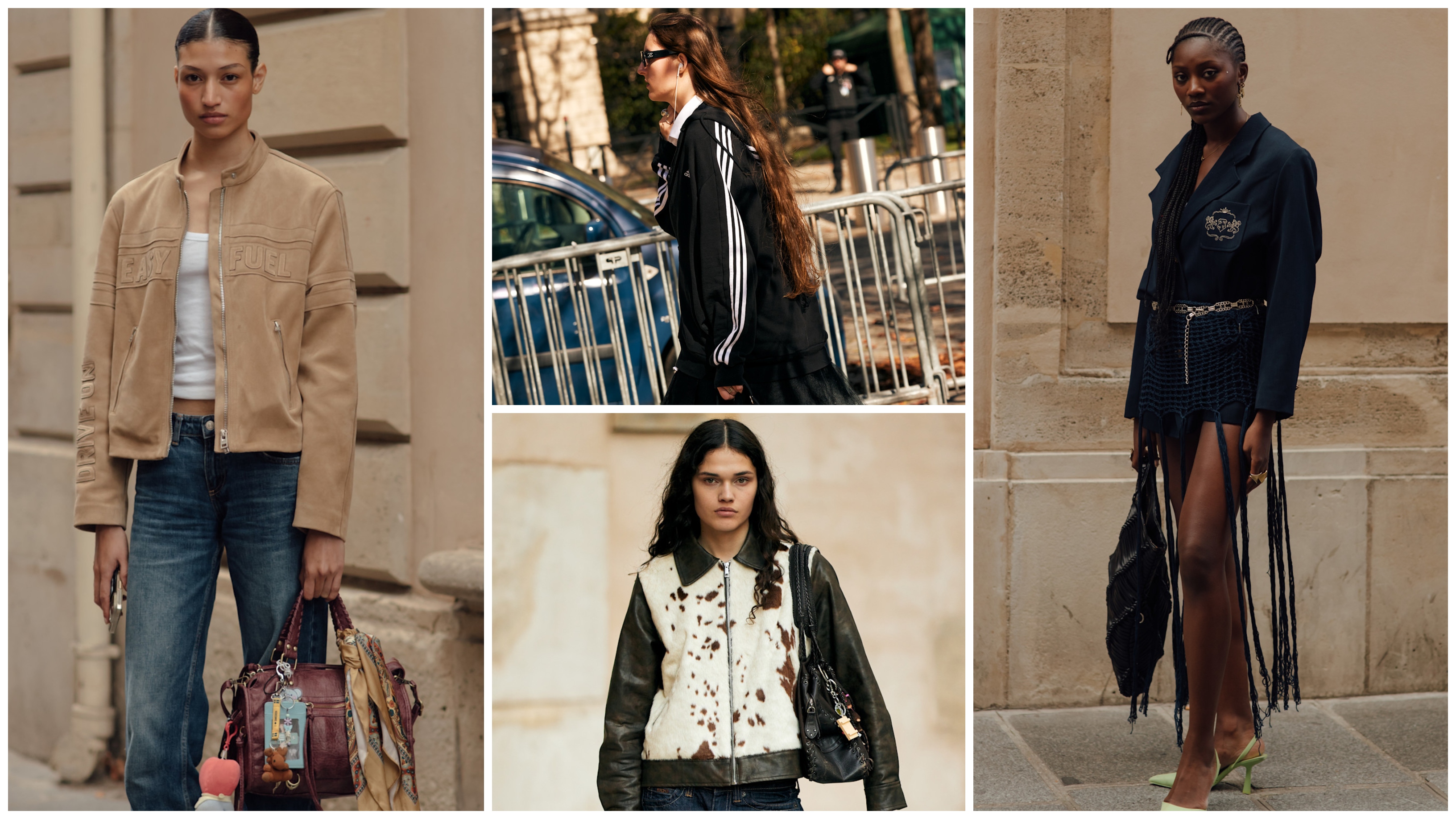 street style trends: woman wearing jacket, t-shirt, jeans and bag charms; woman wearing track jacket, woman wearing cow-print jacket; woman wearing blazer, fringed skirt, and heels 