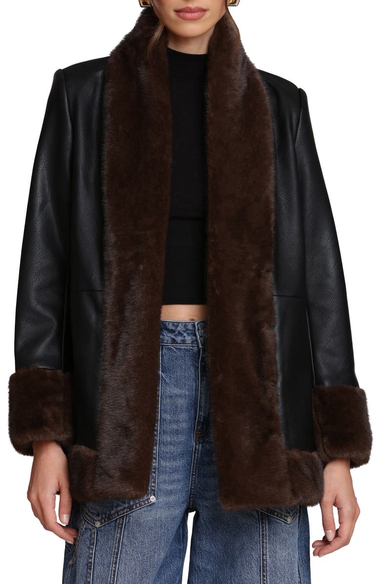 Faux Leather Coatigan With Faux Fur Trim