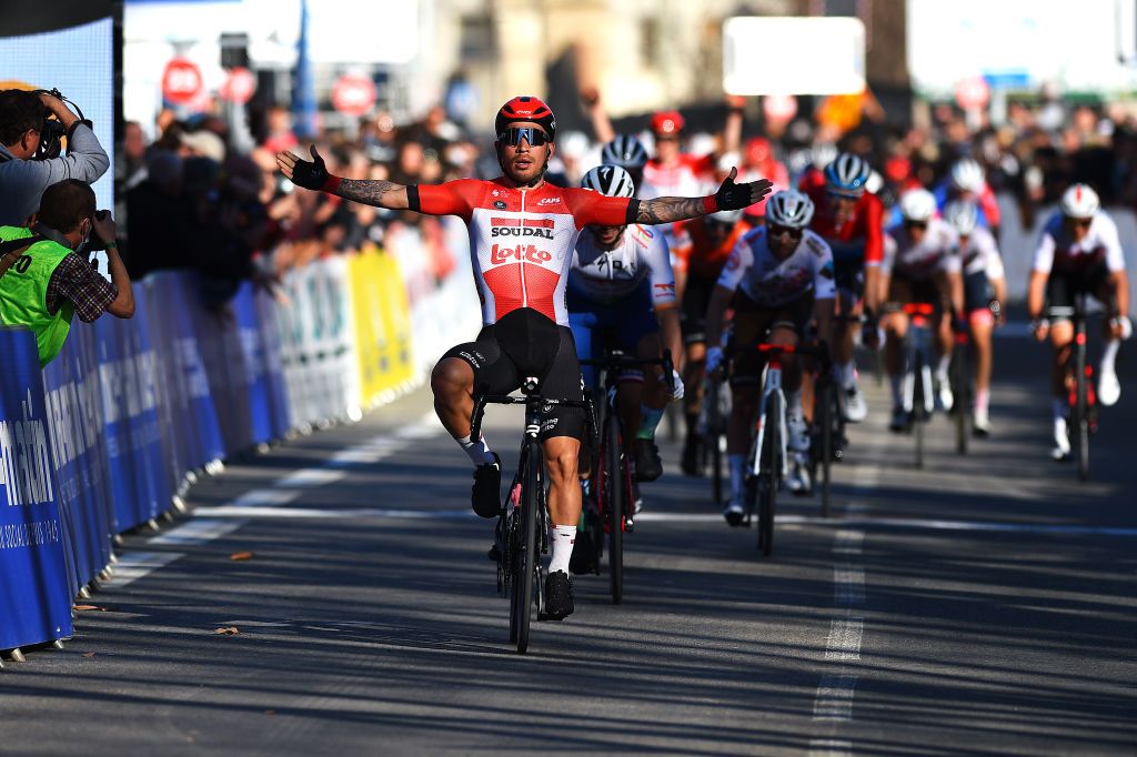 LA SEYNESURMER FRANCE FEBRUARY 18 Caleb Ewan of Australia and Team Lotto Soudal celebrates winning during the 54th Tour Des Alpes Maritimes Et Du Var 2022 Stage 1 a 176km stage from Saint Raphal to La SeynesurMer TDHV22 on February 18 2022 in La SeynesurMer France Photo by Dario BelingheriGetty Images