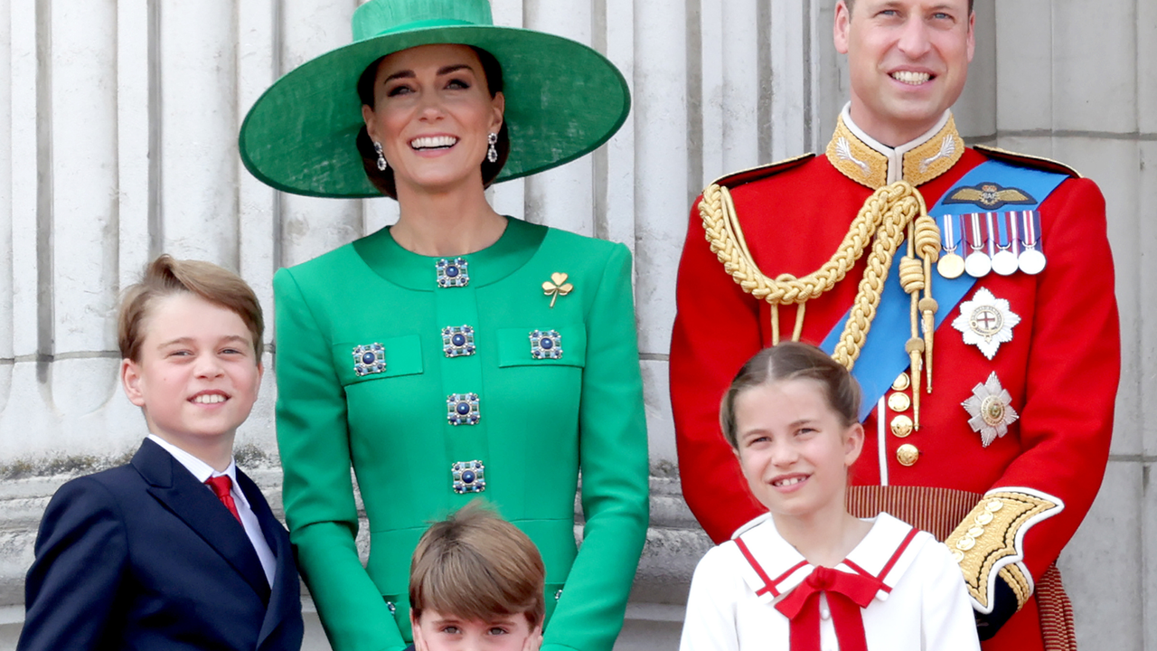 Prince William, Prince of Wales, Prince Louis of Wales, Catherine, Princess of Wales , Princess Charlotte of Wales and Prince George of Wales on the Buckingham Palace balcony during Trooping the Colour on June 17, 2023 in London, England.