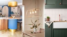 Kitchen color trends are so chic. Here are three of these - a kitchen island with a blue and gold base and a gold pendant light above it, a dining table with a vase of flowers and a gold rectangular light above it, and dark green cabinets with copper handles and a white splashback
