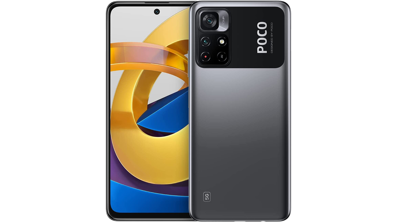 Xiaomi Poco M4 Pro 5G depan dan belakang, warna hitam.