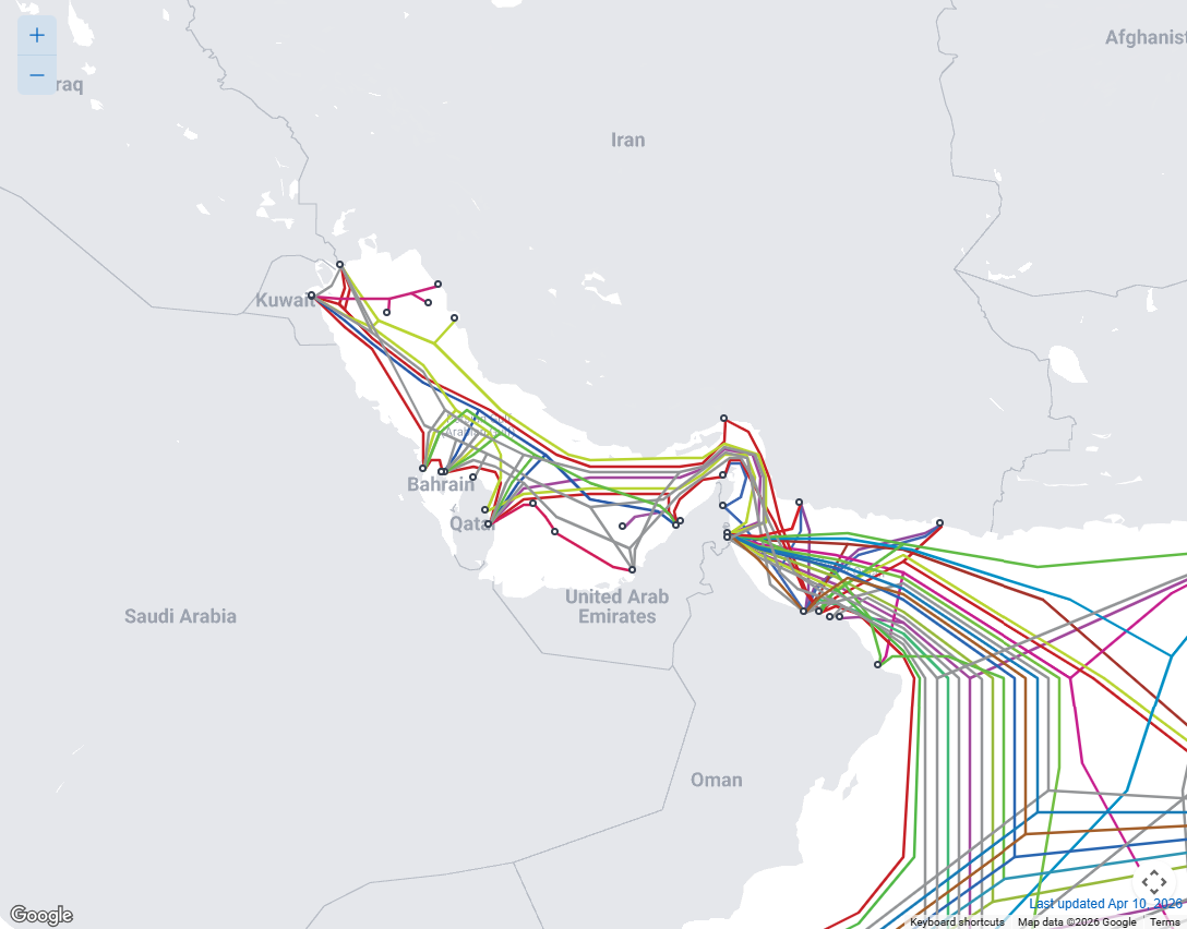 An image depicting subsea cables in the Middle East, with particular reference to the Strait of Hormuz.