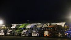Trucks lined up for the night at a rest stop in Greencastle, Pennsylvania, on Dec. 11, 2021.
