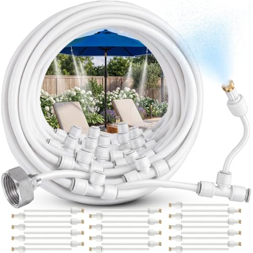 Misting System for Patio, 75 Ft Outdoor Misters for Outside Patio Cooling, Fine Mist Mister Kit With Flexible Rod Nozzles, Garden Faucet Setup for Pergola, Garden, Greenhouse, Backyard, White