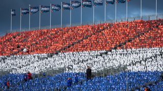 The grandstand at Circuit Zandvoort decked out to display the Dutch flag