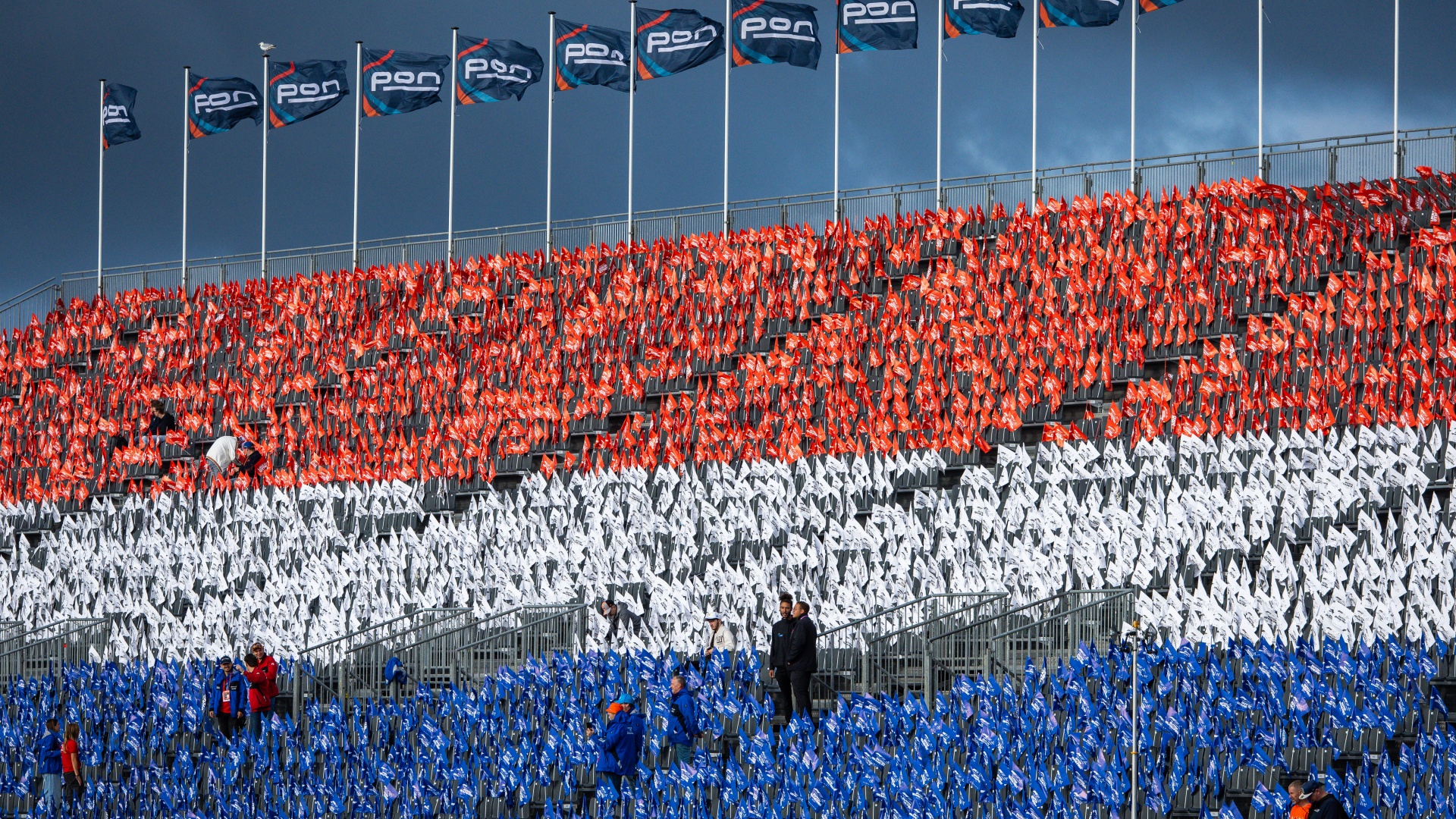 The grandstand at Circuit Zandvoort decked out to display the Dutch flag