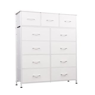 A white set of drawers with 11 drawers