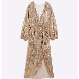 Gold Sequin Long Sleeve Wrap Dress