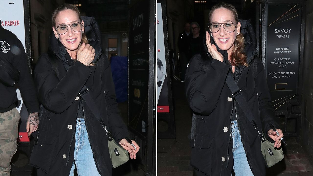 Sarah Jessica Parker seen leaving Savoy Theatre after her performance in &quot;Plaza Suite&quot; on January 30, 2024 in London, England