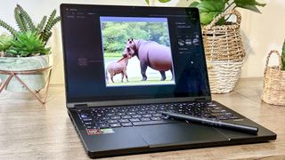 Asus ProArt PX13 MuseTree app showing an AI-generated image of a giraffe and a hippo