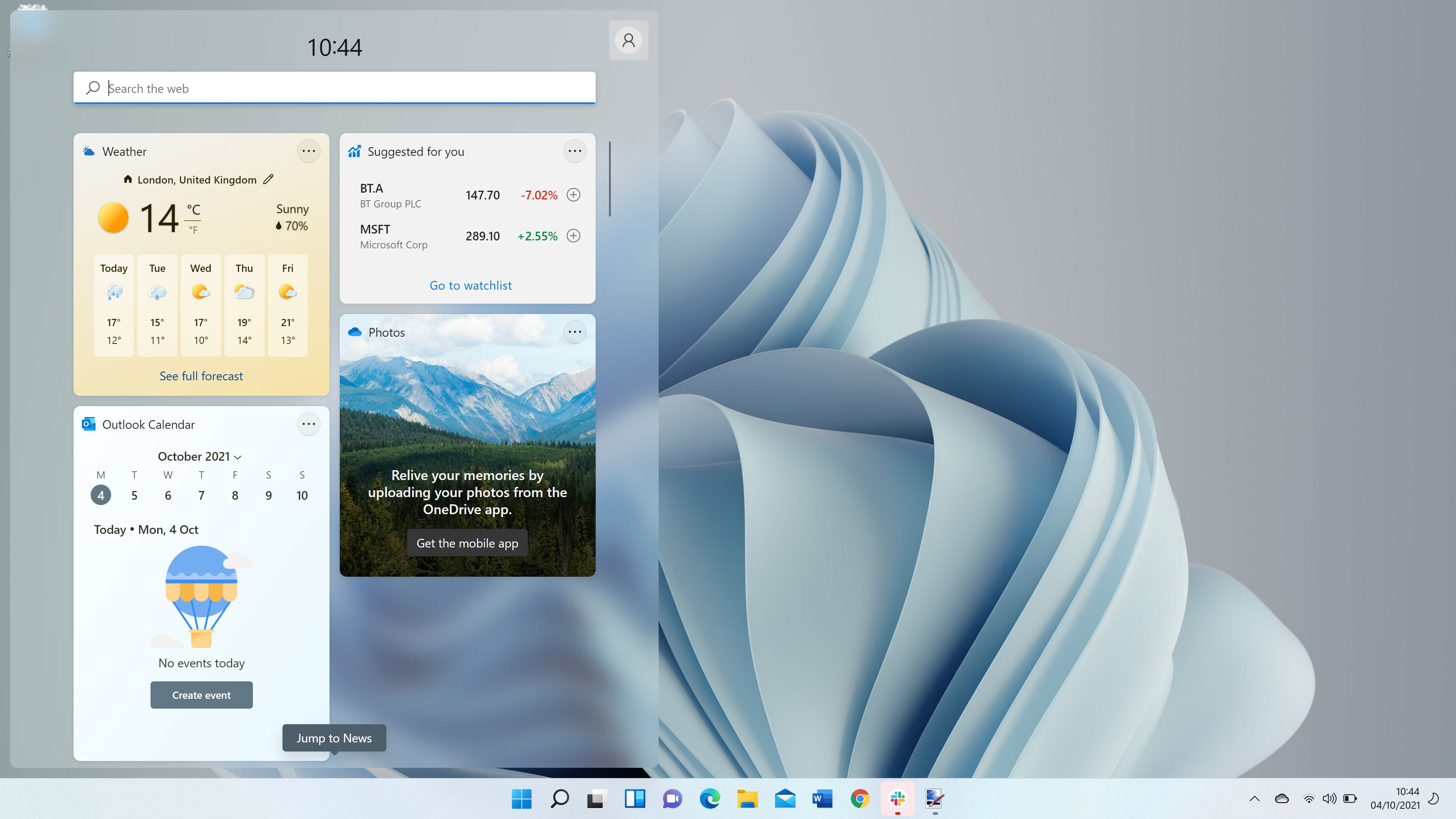 Windows 11 screenshot showing the Widgets section