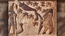 Here is the ancient Egyptian depiction of the Big Dipper, seen here in the shape of a bull's leg. It includes seven stars and is tied to a stake by a goddess in hippo form (right). The Big Dipper is considered the manifestation of the evil god Seth, who murdered his brother Osiris. The goddess prevents Seth from reaching Osiris in the underworld &mdash; a myth made possible because the constellation never dips below the horizon.