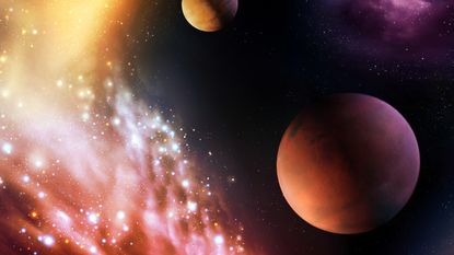 Mercury in retrograde 2022: Planets in colorful space with nebulae and stars. Beauty of the universe, planetary systems and stardust.