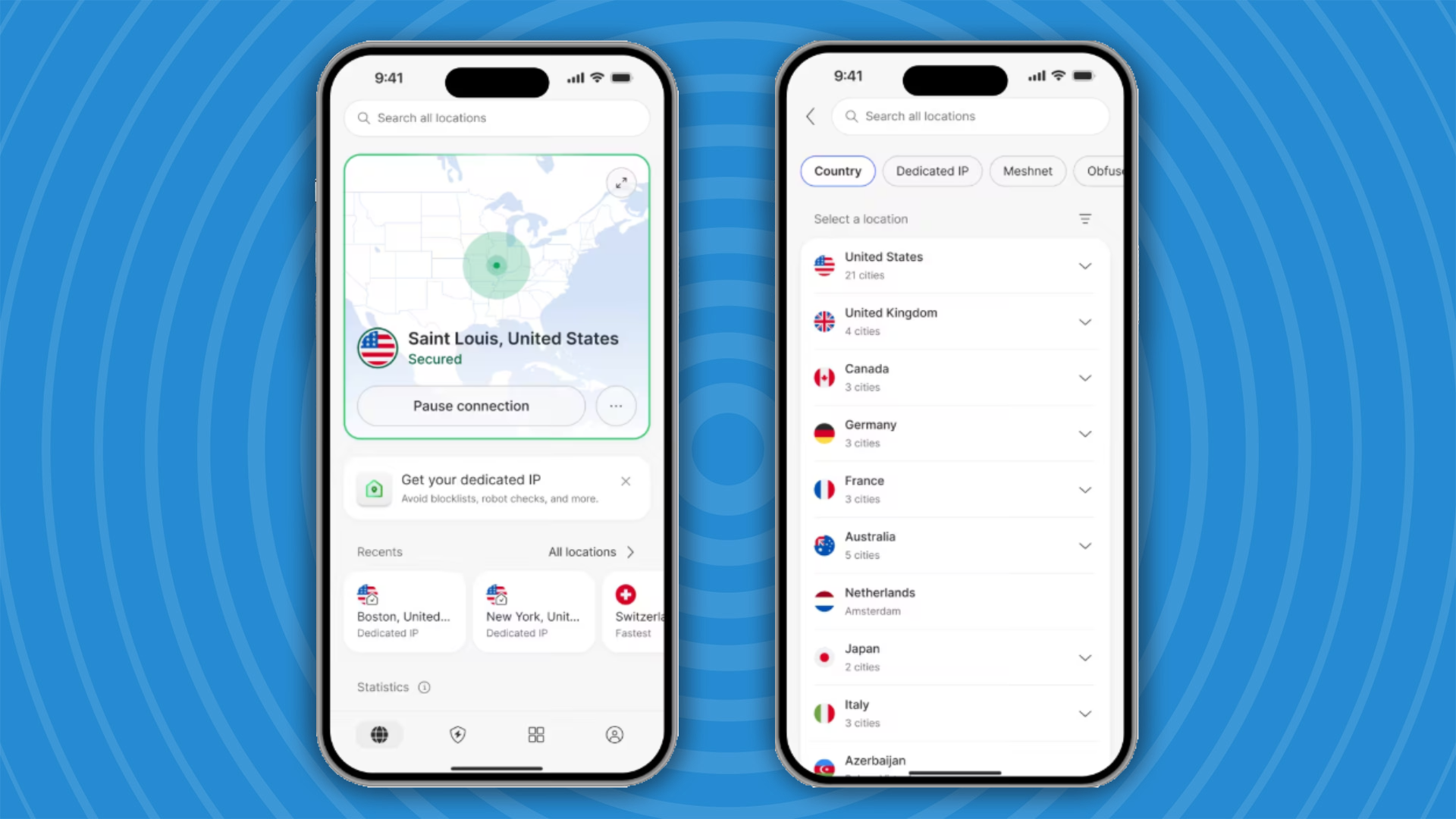 NordVPN's server location interface on mobile