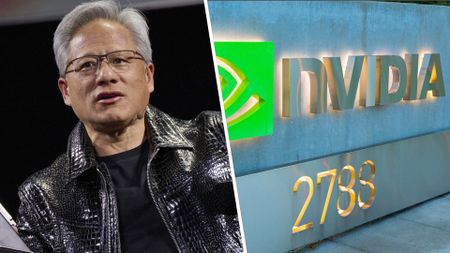 Nvidia CEO Jensen Huang on the left, and an Nvidia building sign on the right. 