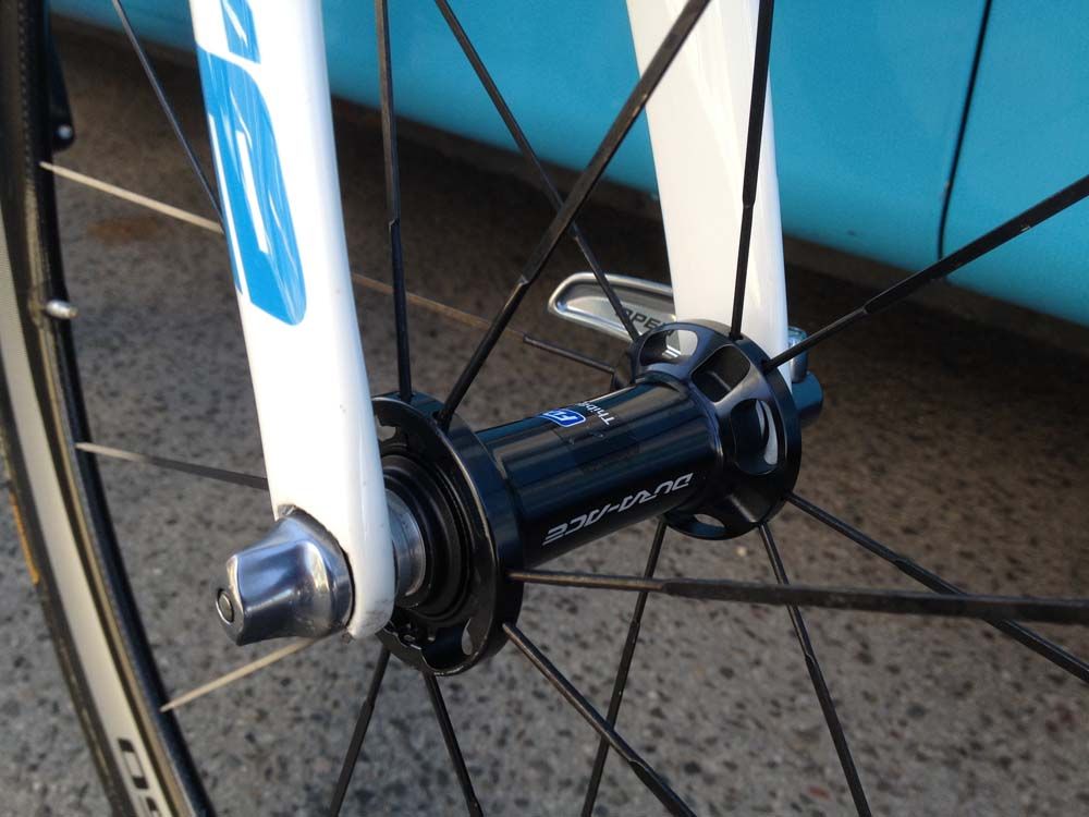 Shimano also supplies the wheels for FDJ with a Pinot sticker on the hub letting the mechanics knew who the wheel belongs to