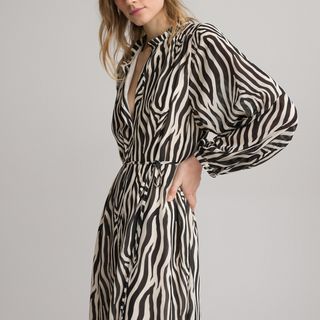 Recycled Animal Print Dress with High Neck