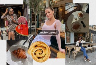 Collage of women at French bakeries with croissants and coffee