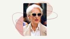 Meryl Streep is seen wearing sunglasses and with a stylish 'Power' pixie hairstyle whilst filming scenes for "The Devil Wears Prada 2" on July 25, 2025 in New York City/ in a cream template with pink spots and swirl designs