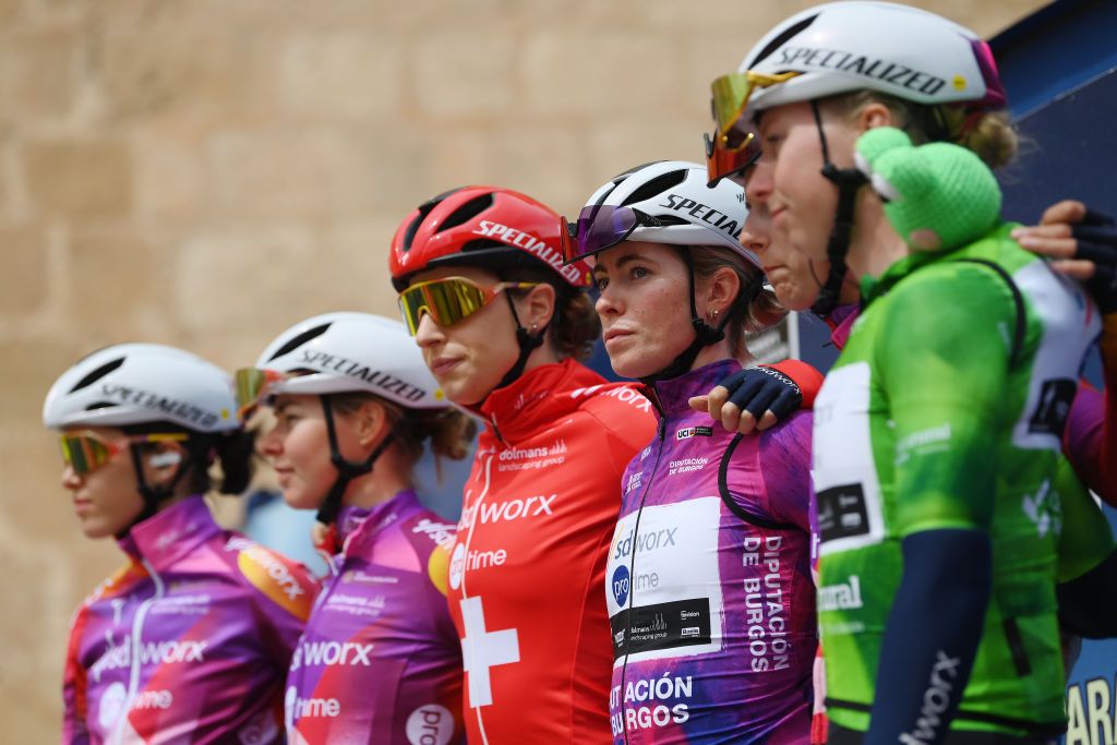 PEARANDA DE DUERO SPAIN MAY 19 Demi Vollering of The Netherlands and Team SD Worx Protime Purple Leader Jersey with teammates prior to the 9th Vuelta a Burgos Feminas 2024 Stage 4 a 122km stage from Pearanda de Duero to Canicosa de la Sierra 1144m UCIWWT on May 19 2024 in Pearanda de Duero Spain Photo by Alex BroadwayGetty Images