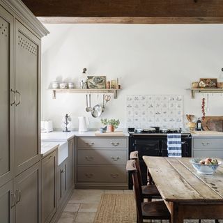 country style kitchen with black range cooker, delft tiles, traditional style cabinets painted grey