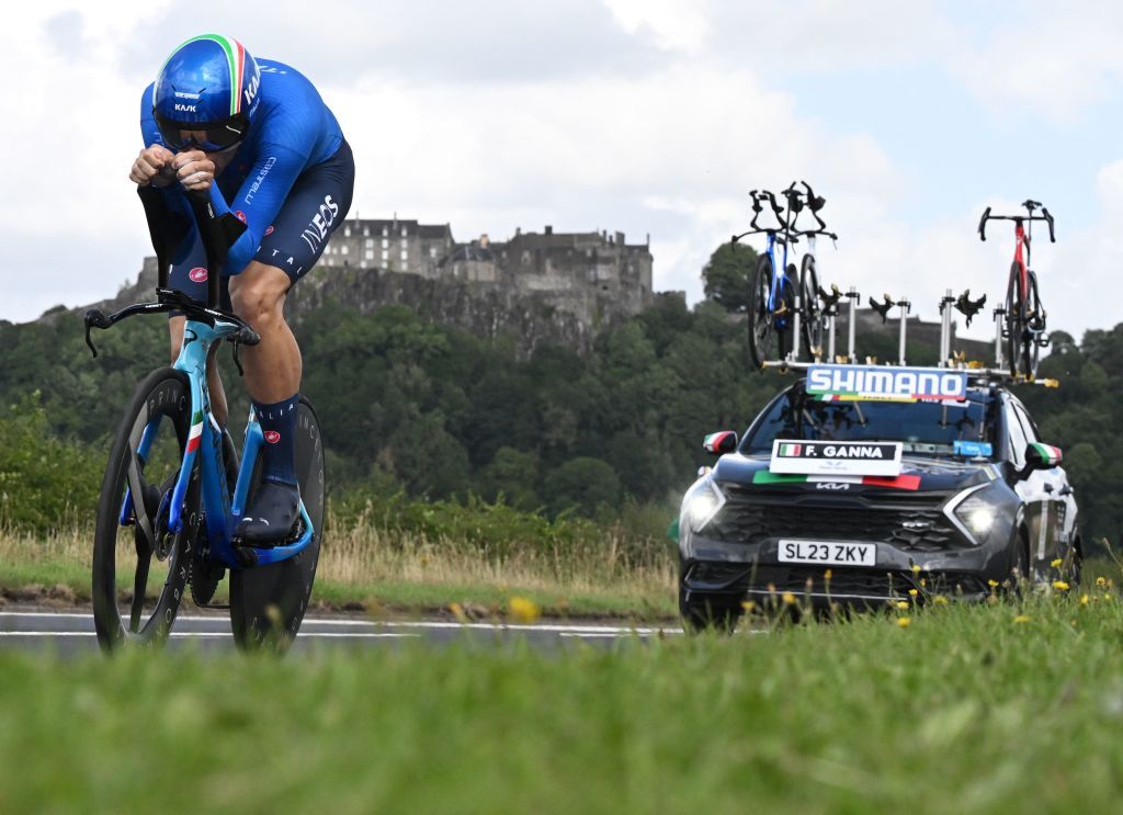 Italys Filippo Ganna takes part in the mens Individual Time Trial in Stirling during the UCI Cycling World Championships in Scotland on August 11 2023 Photo by Oli SCARFF AFP Photo by OLI SCARFFAFP via Getty Images