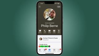 iOS 17 contact card for Philip Berne with dog and phone number