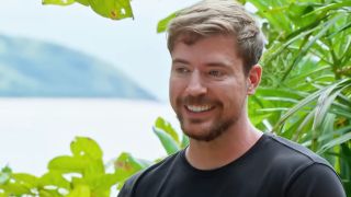 Mr. Beast addressing the Survivor 50 players in Fiji.