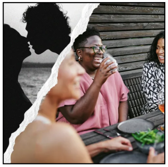 collage of people talking and kissing 