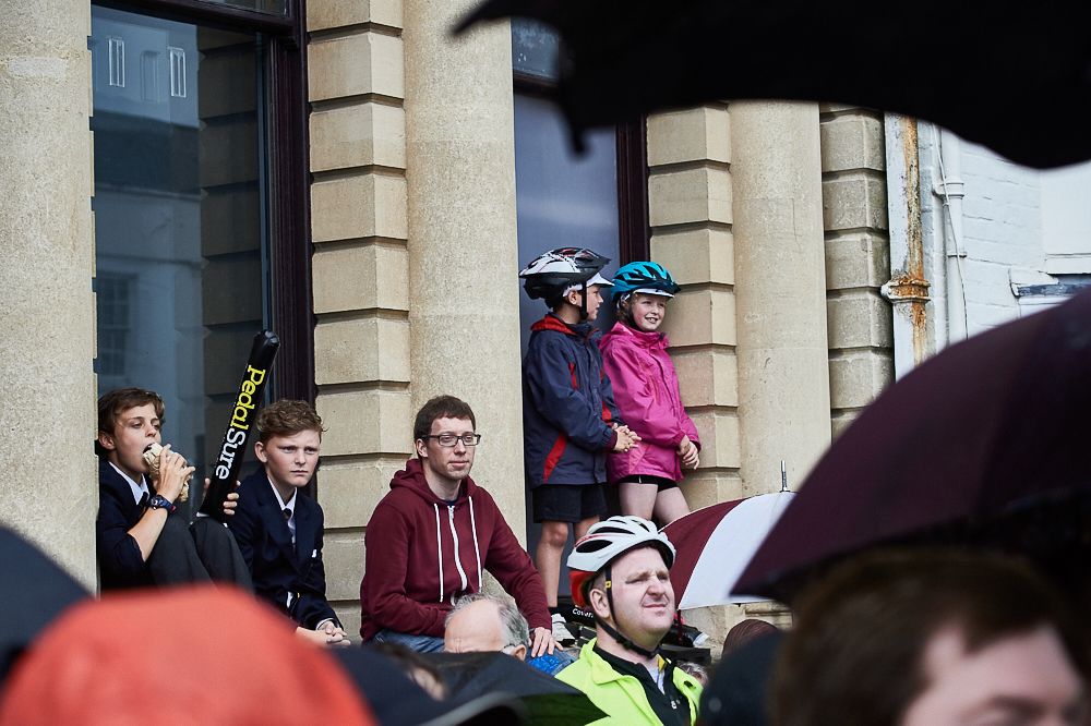 The crowds in Stratford Upon Avon took up position wherever they could for the photo finish