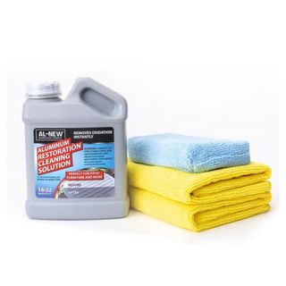 An outdoor furniture and garage door cleaning fluid with cloths