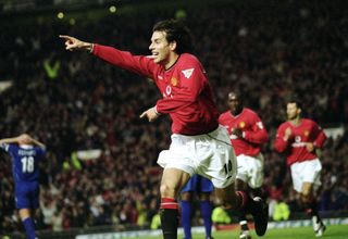 Ruud van Nistelrooy celebrates after scoring for Manchester United against Leicester in November 2001.