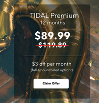 Get 20% off a one year TIDAL Music Streaming plan
