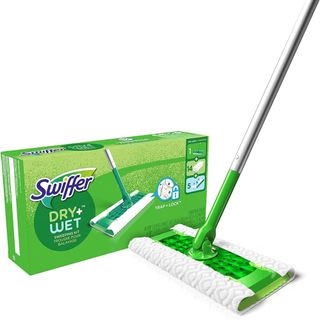 The Swiffer 2-in-1 mop with a green head and box
