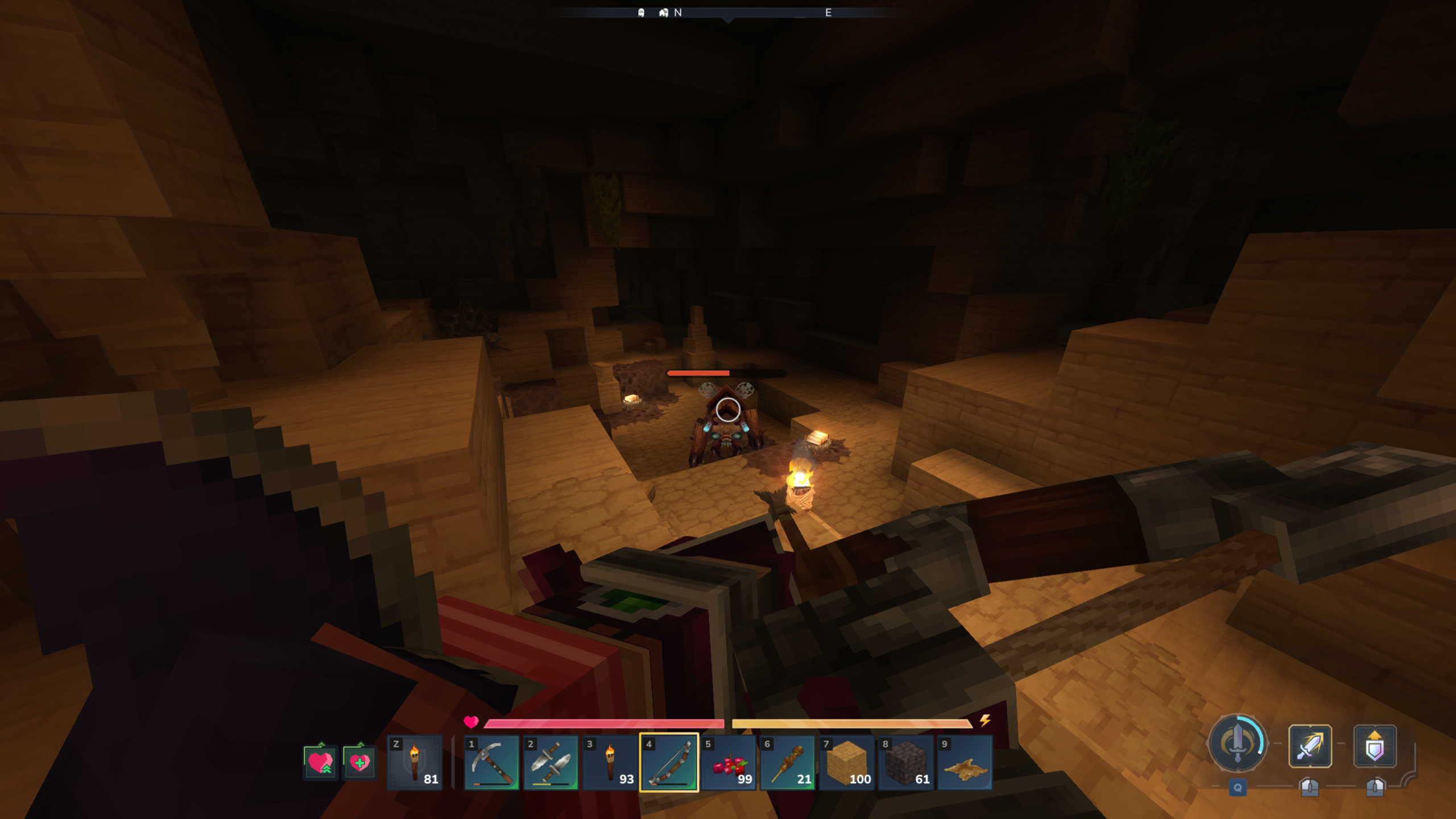 Hytale sturdy chitin: A player aiming a bow at a Scarak inside their next in a dark cave.