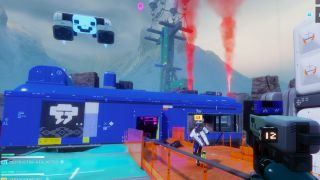 Marathon Lockbox Key: A player looking at a blue building with red flares on the roof in the distance, as a teammate runs towards it.