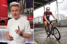Gordon Ramsay in a chef jacket next to Gordon Ramsay riding a bicycle
