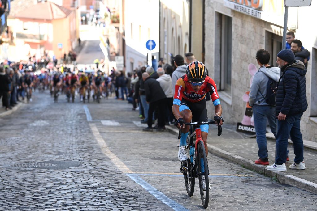 OSIMO ITALY MARCH 11 Santiago Buitrago Sanchez of Colombia and Team Bahrain Victorious attacks during the 58th TirrenoAdriatico 2023 Stage 6 a 193km stage from Osimo Stazione to Osimo 252m UCIWT TirrenoAdriatico on March 11 2023 in Osimo Italy Photo by Tim de WaeleGetty Images