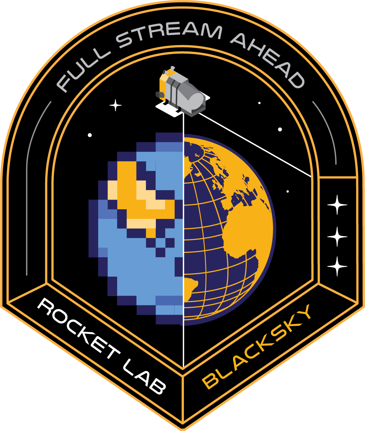 Mission patch featuring half map earth, half pixelated earth.