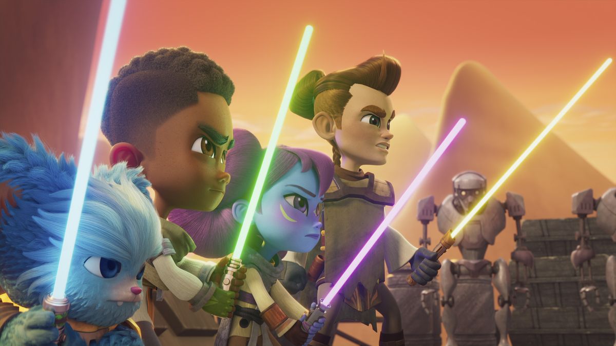 Nubs, Kai, Nash, and Lys prepare to fight with their lightsabers in Star Wars: Young Jedi Adventures season 2