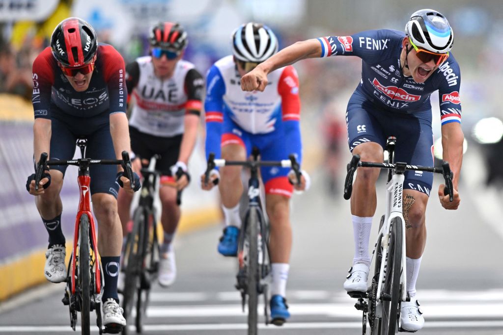 Mathieu van der Poel (Alpecin-Fenix) celebrates his win at the Tour of Flanders